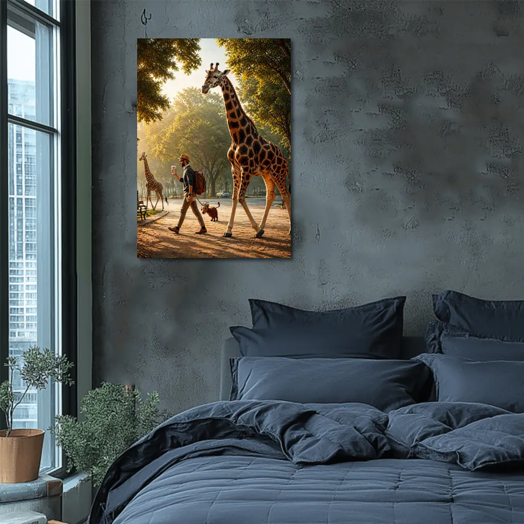 Man Walking Giraffe In Sunny Park – Wall Art