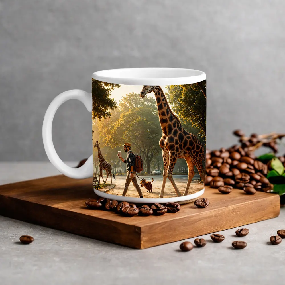 Man Walking Giraffe In Sunny Park – Mugs
