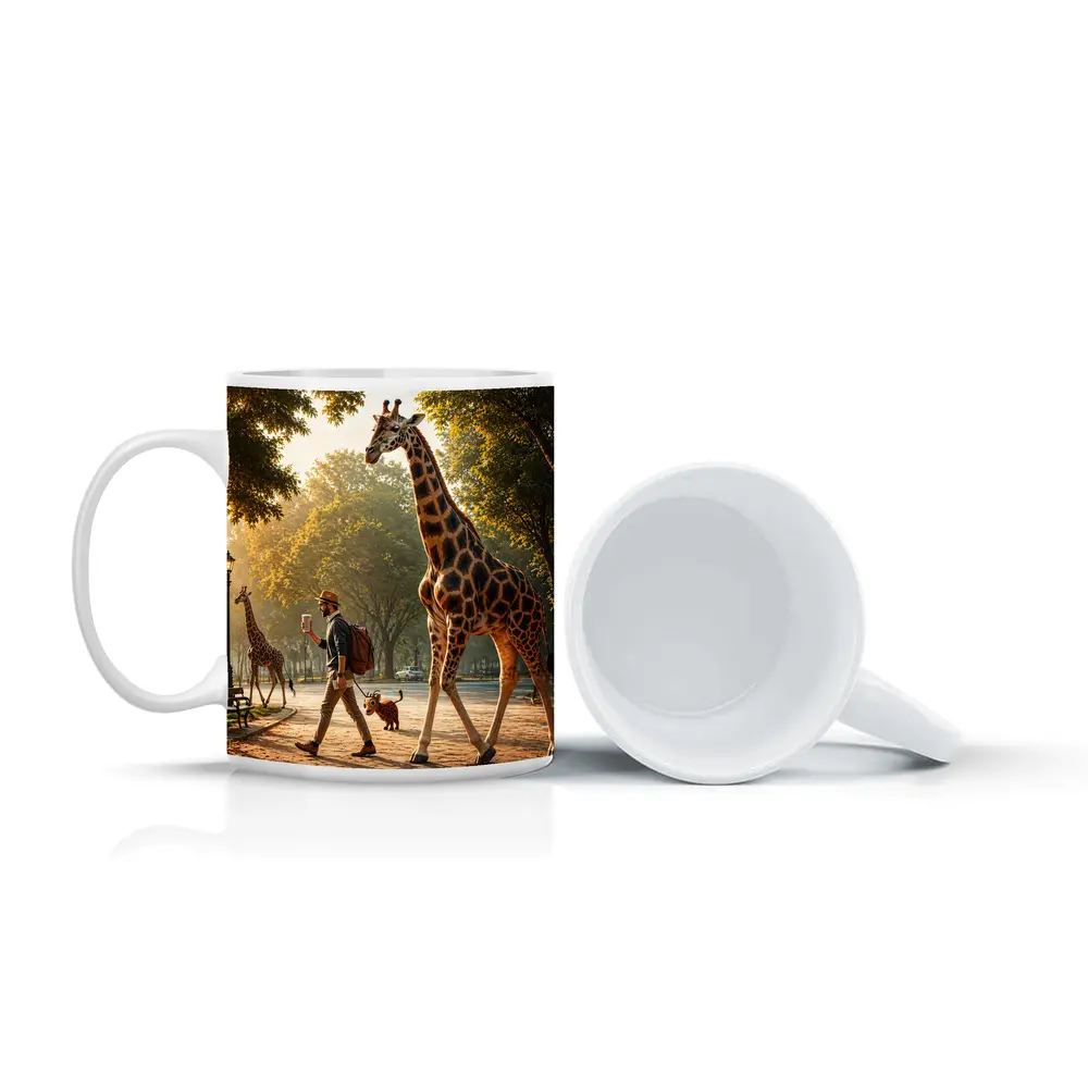 Man Walking Giraffe In Sunny Park – Mugs