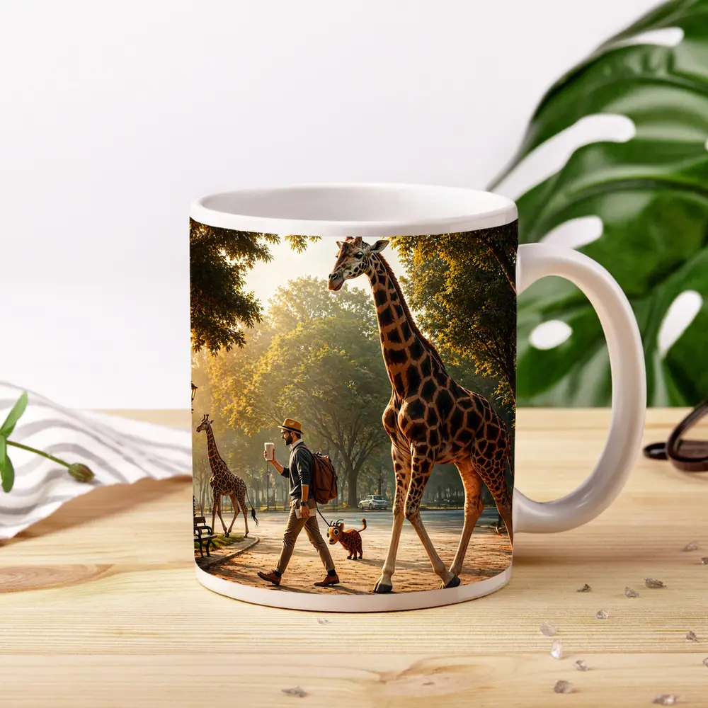 Man Walking Giraffe In Sunny Park – Mugs