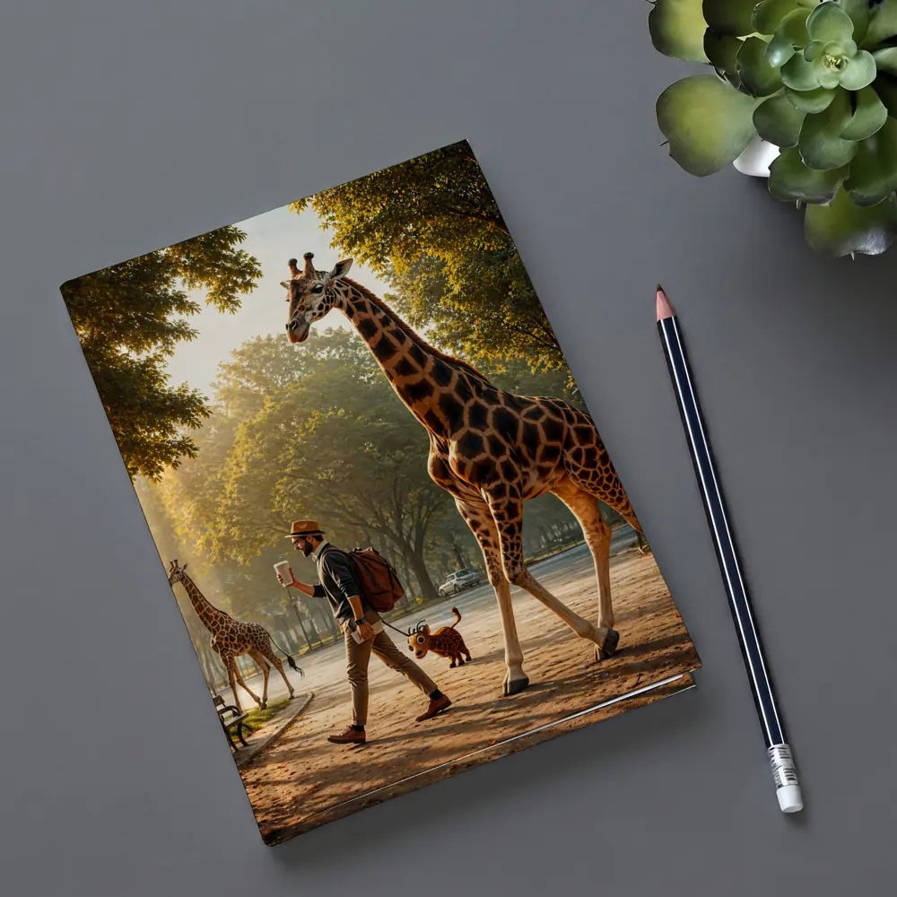 Man Walking Giraffe In Sunny Park – Notebooks