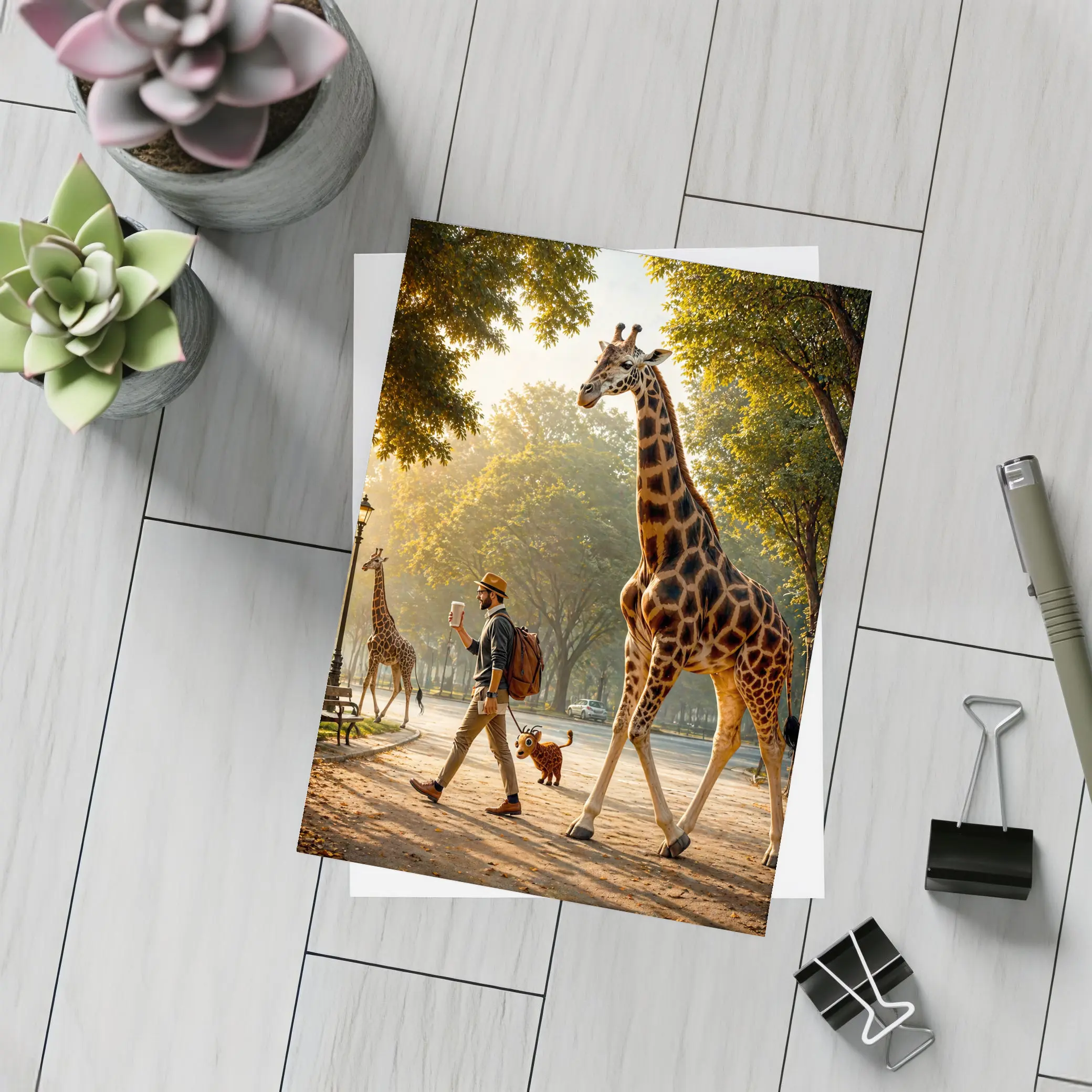 Man Walking Giraffe In Sunny Park – Postcards