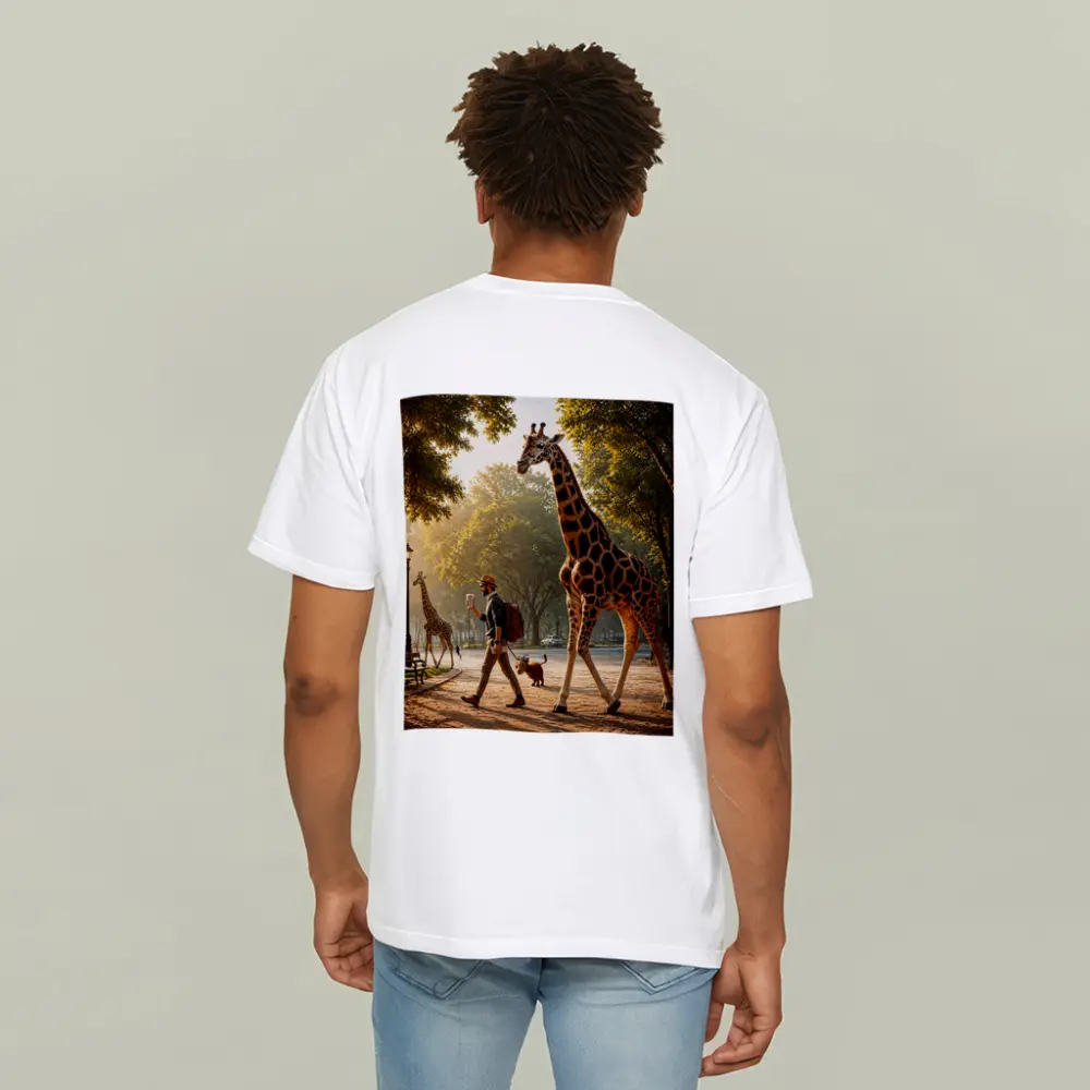 Man Walking Giraffe In Sunny Park – T-Shirts