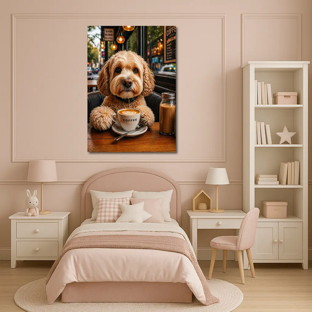 Goldendoodle Dog Sitting in Cozy Cafe – Wall Art