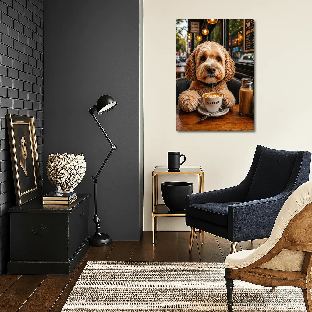 Goldendoodle Dog Sitting in Cozy Cafe – Wall Art