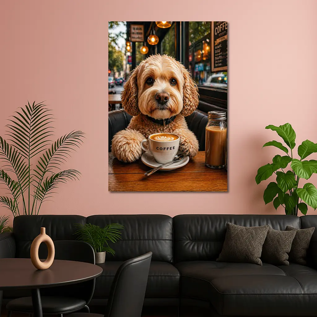 Goldendoodle Dog Sitting in Cozy Cafe – Wall Art
