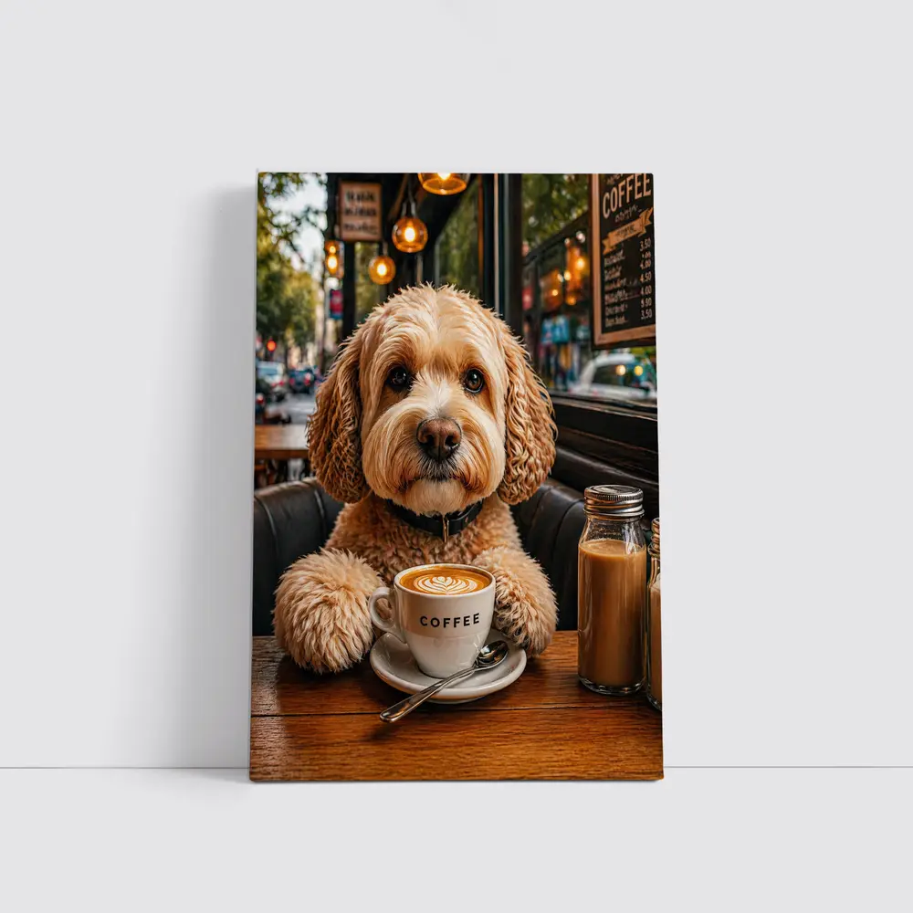 Goldendoodle Dog Sitting in Cozy Cafe – Wall Art