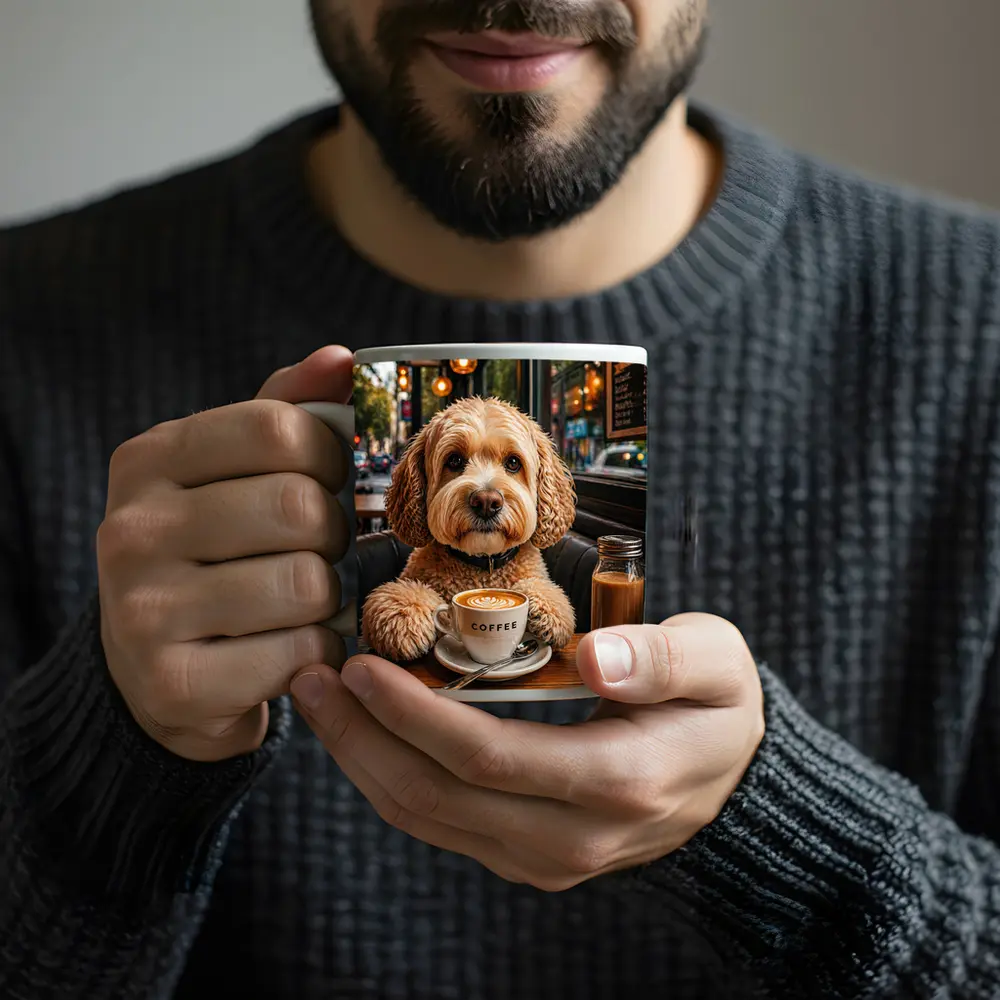 Goldendoodle Dog Sitting in Cozy Cafe – Mugs