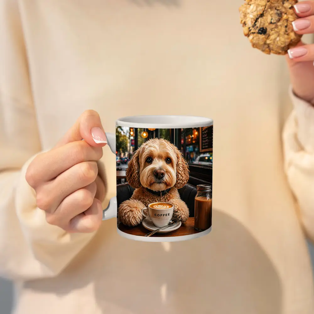 Goldendoodle Dog Sitting in Cozy Cafe – Mugs