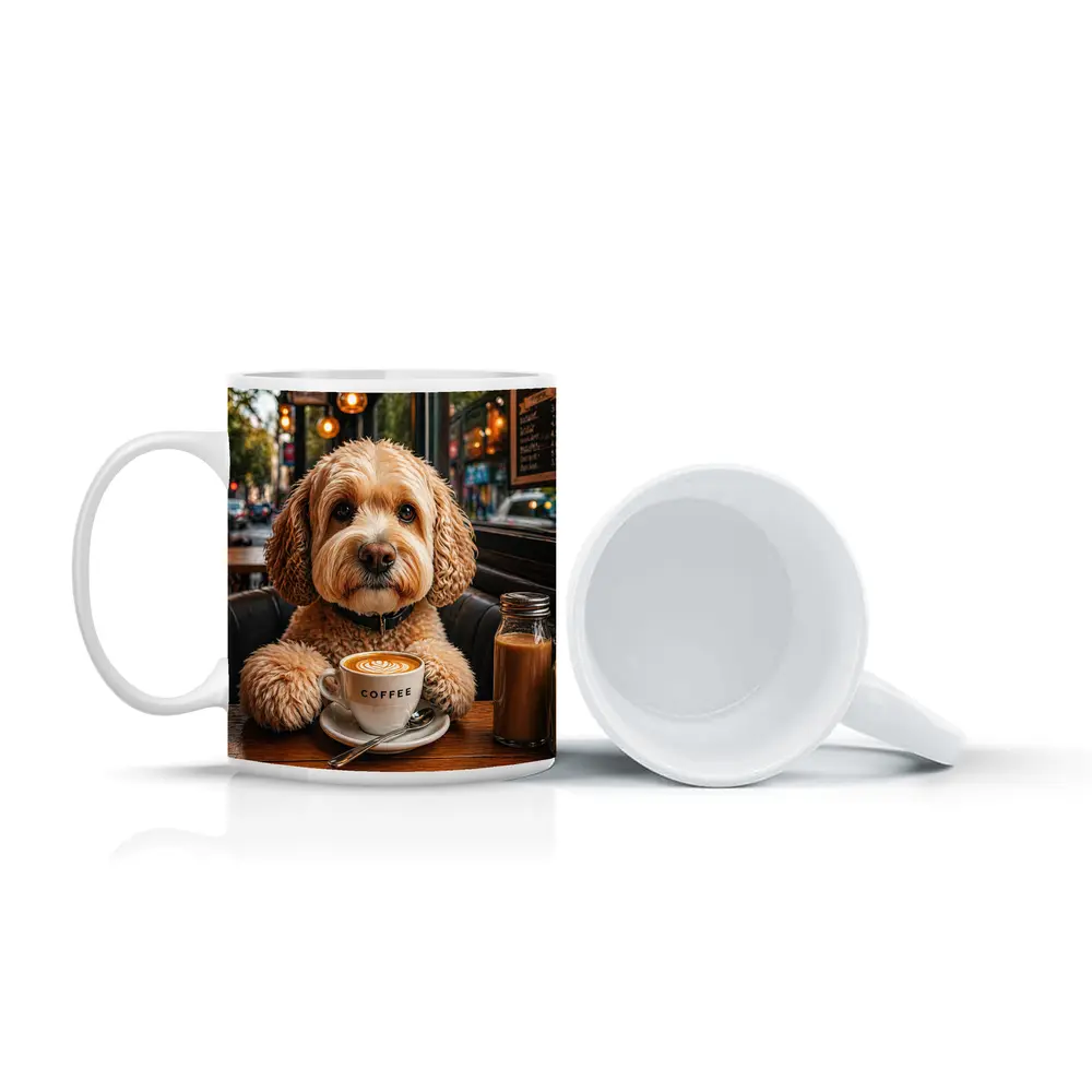 Goldendoodle Dog Sitting in Cozy Cafe – Mugs