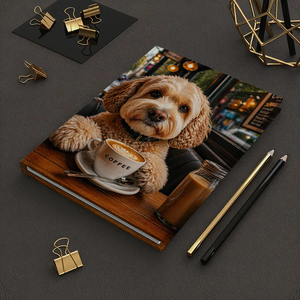 Goldendoodle Dog Sitting in Cozy Cafe – Notebooks