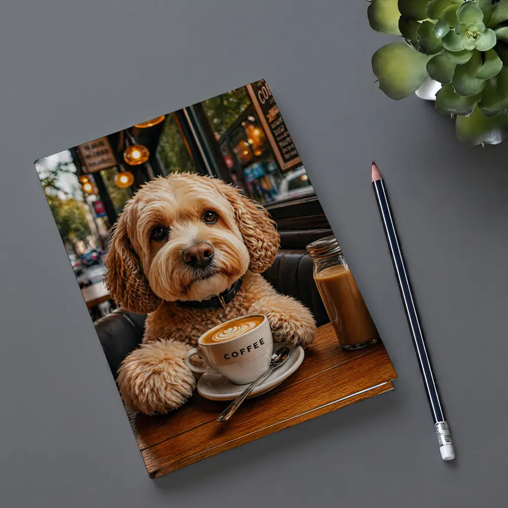 Goldendoodle Dog Sitting in Cozy Cafe – Notebooks