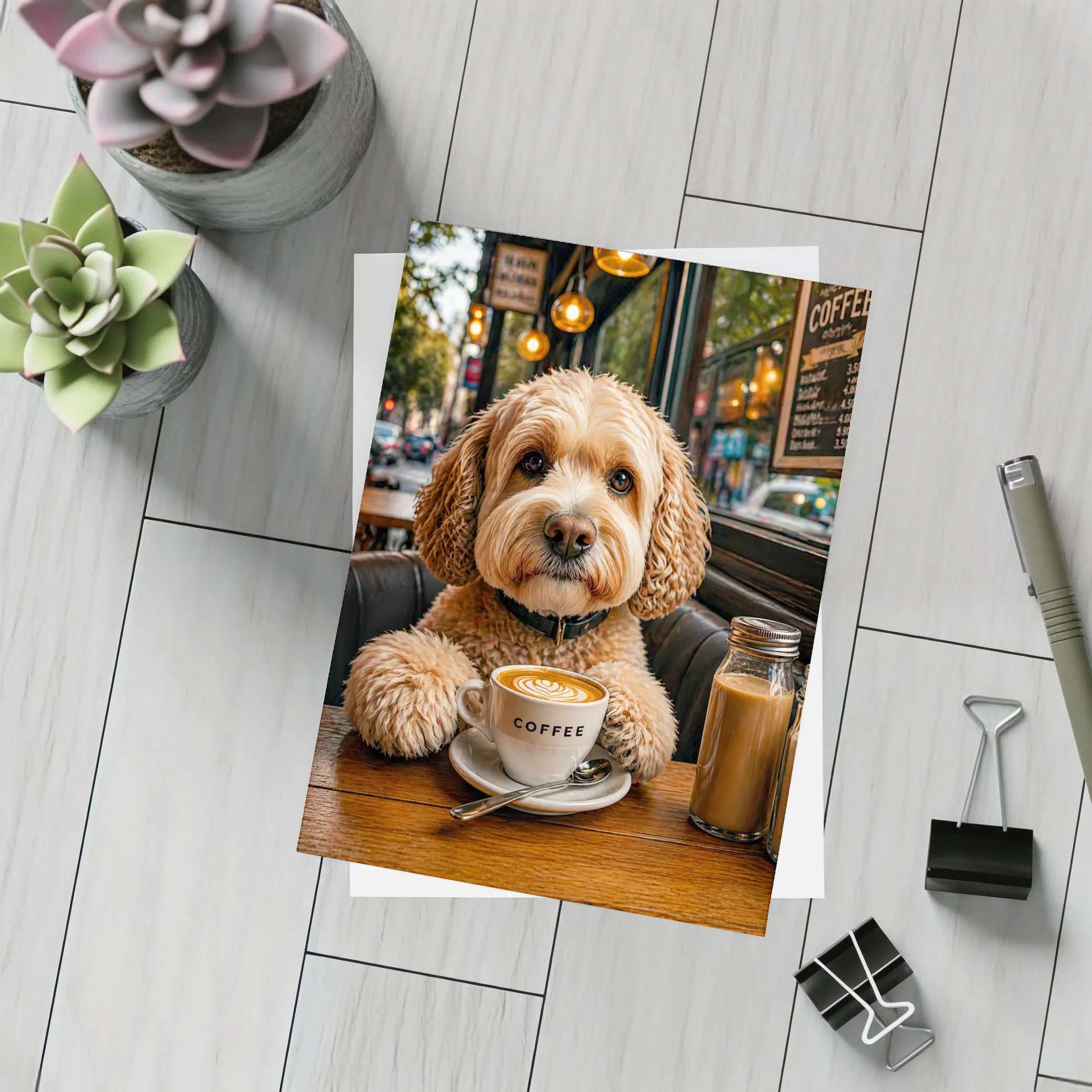 Goldendoodle Dog Sitting in Cozy Cafe – Postcards