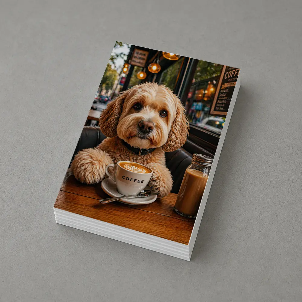 Goldendoodle Dog Sitting in Cozy Cafe – Postcards