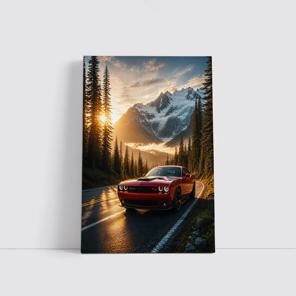 Dodge Challenger Red Mountain Road Sunset – Wall Art