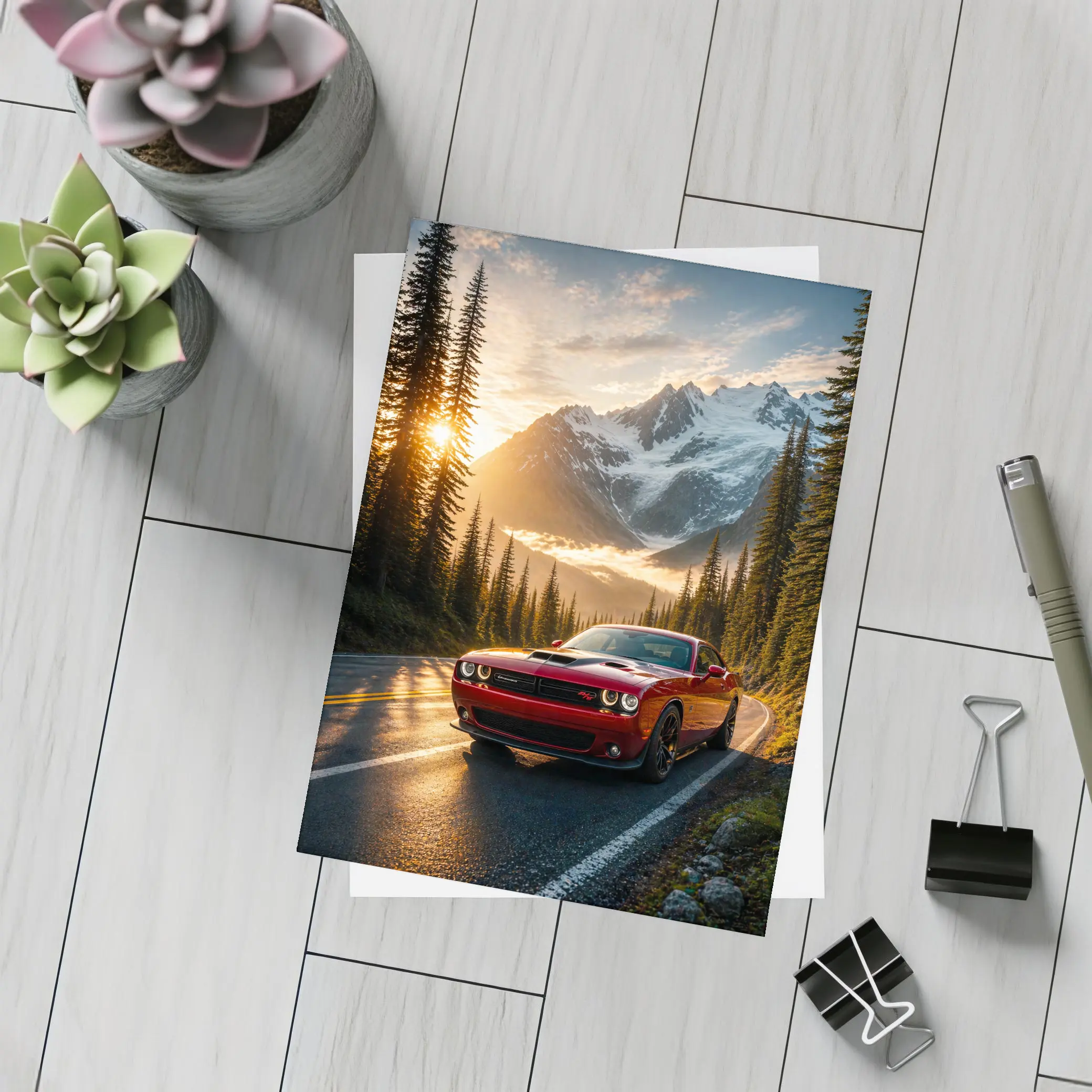 Dodge Challenger Red Mountain Road Sunset – Postcards