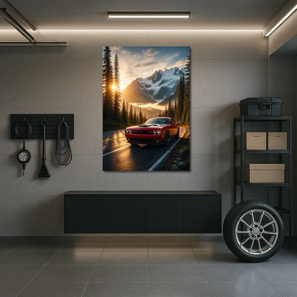 Dodge Challenger Red Mountain Road Sunset – Wall Art