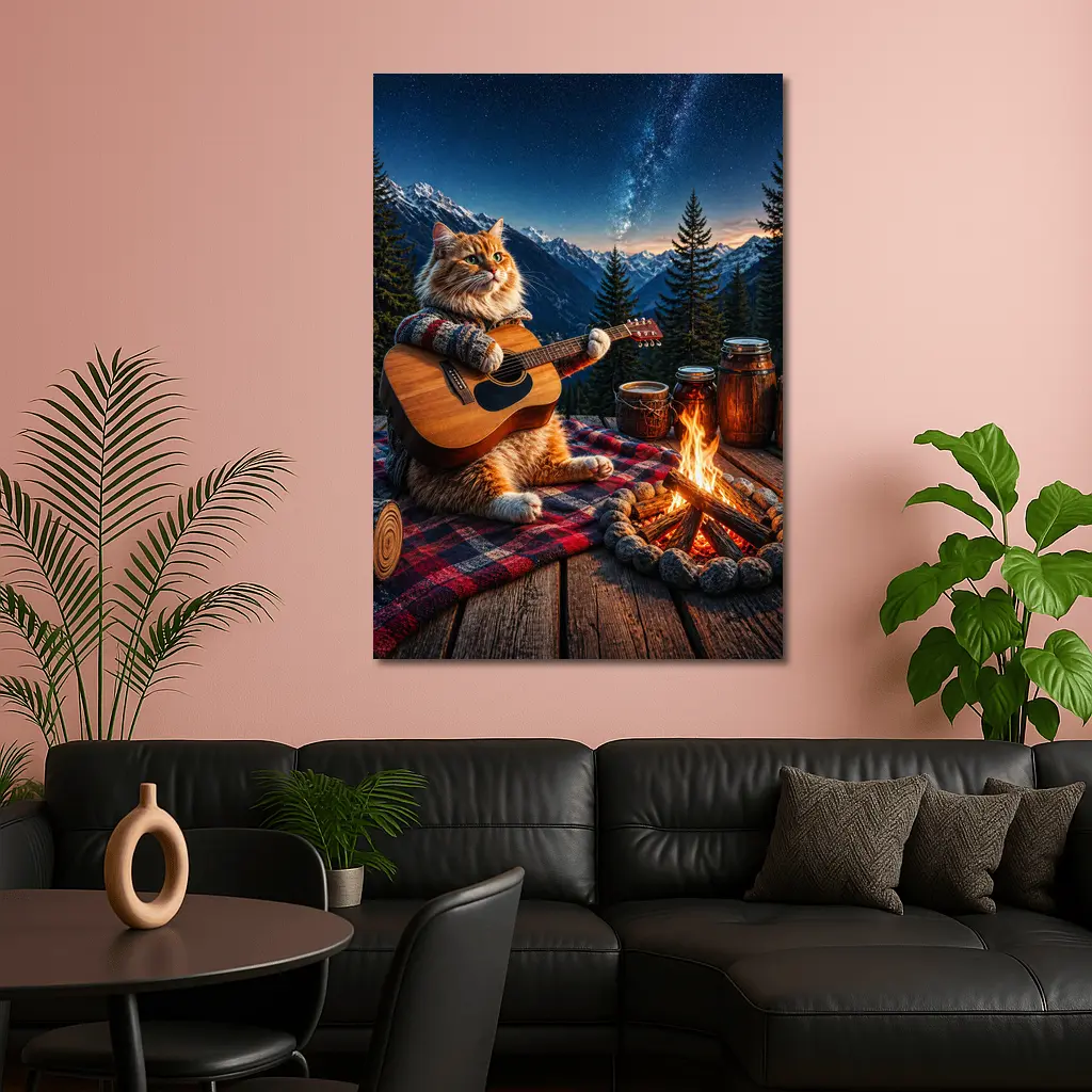 Cat Playing Guitar By Mountain Campfire – Wall Art