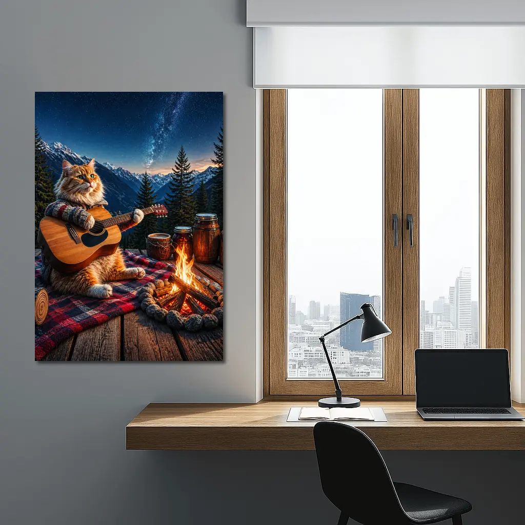 Cat Playing Guitar By Mountain Campfire – Wall Art