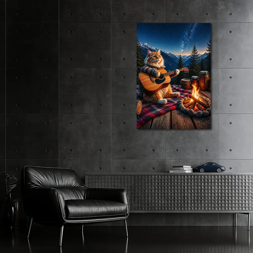 Cat Playing Guitar By Mountain Campfire – Wall Art