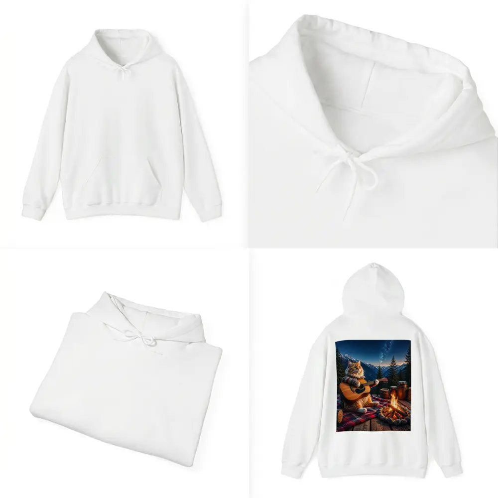 Cat Playing Guitar By Mountain Campfire – Hoodies