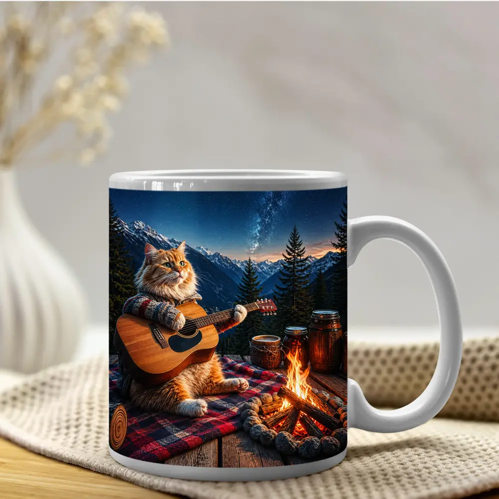 Cat Playing Guitar By Mountain Campfire – Mugs