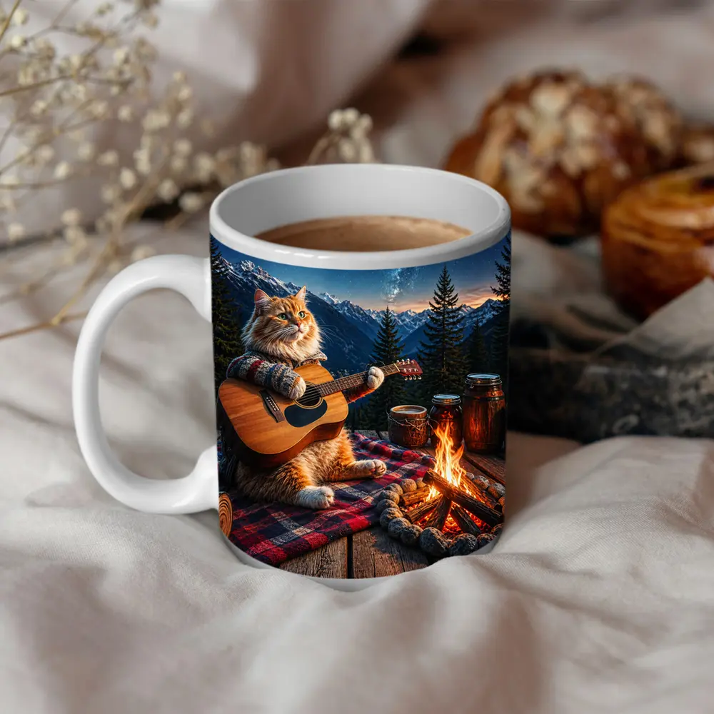 Cat Playing Guitar By Mountain Campfire – Mugs