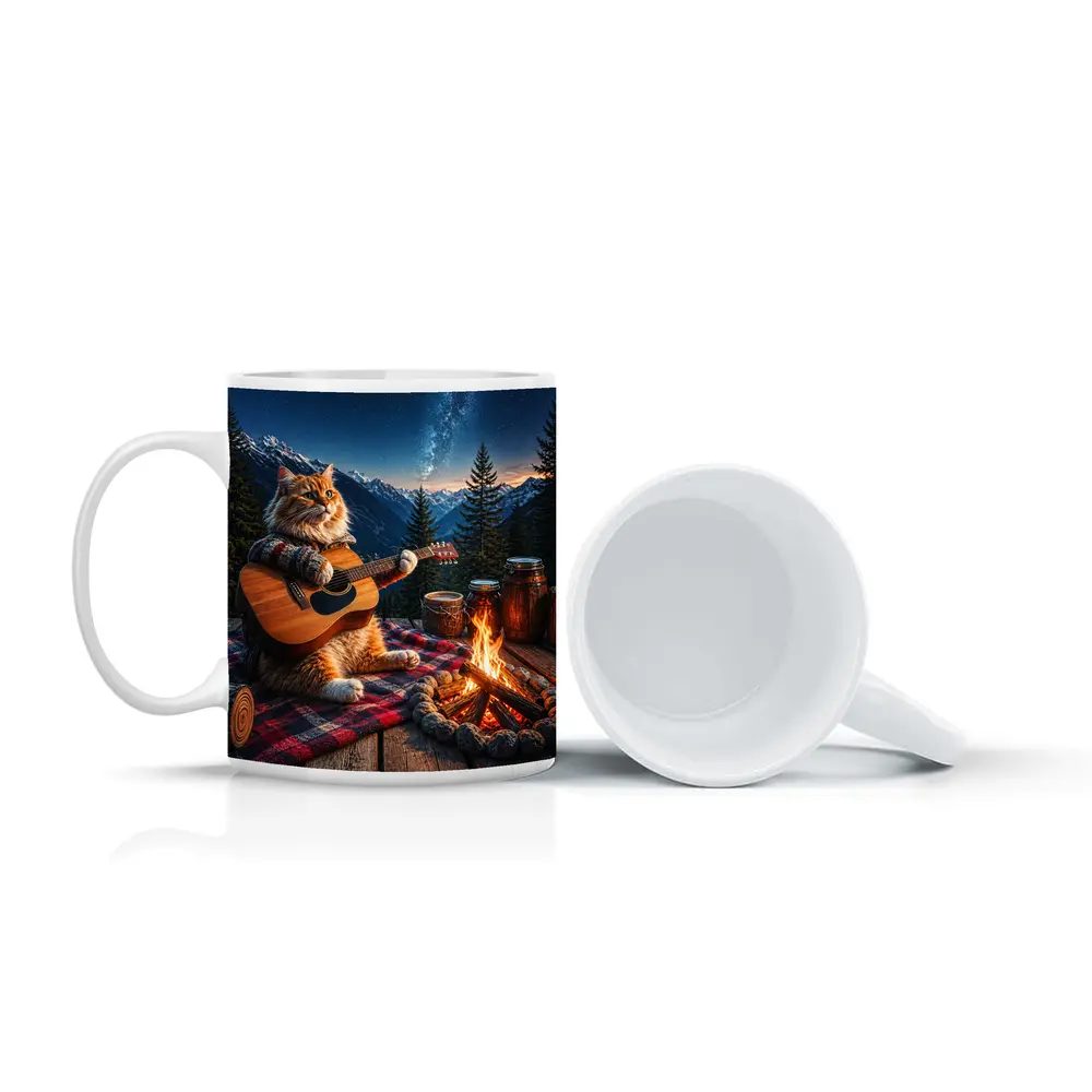 Cat Playing Guitar By Mountain Campfire – Mugs