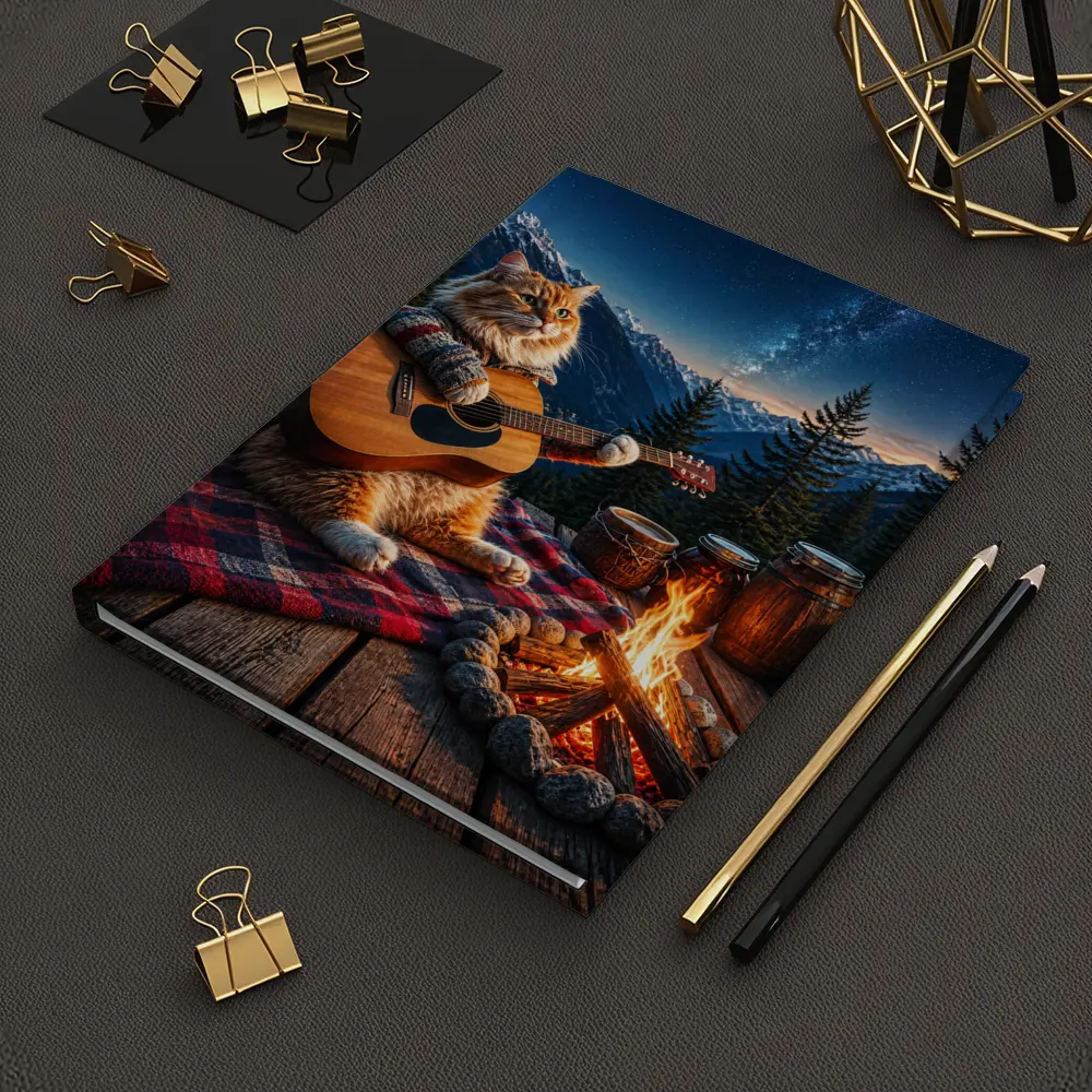 Cat Playing Guitar By Mountain Campfire – Notebooks