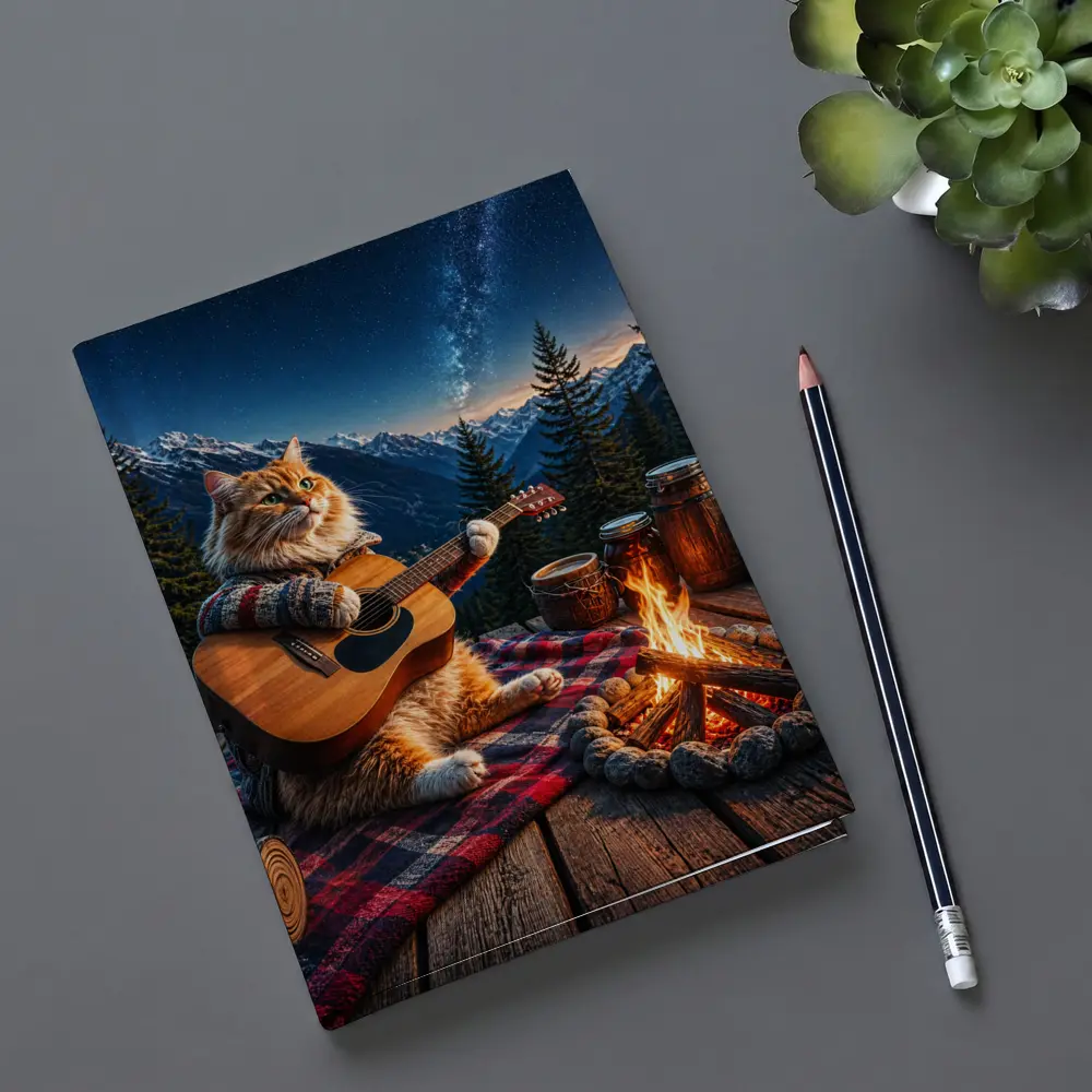 Cat Playing Guitar By Mountain Campfire – Notebooks