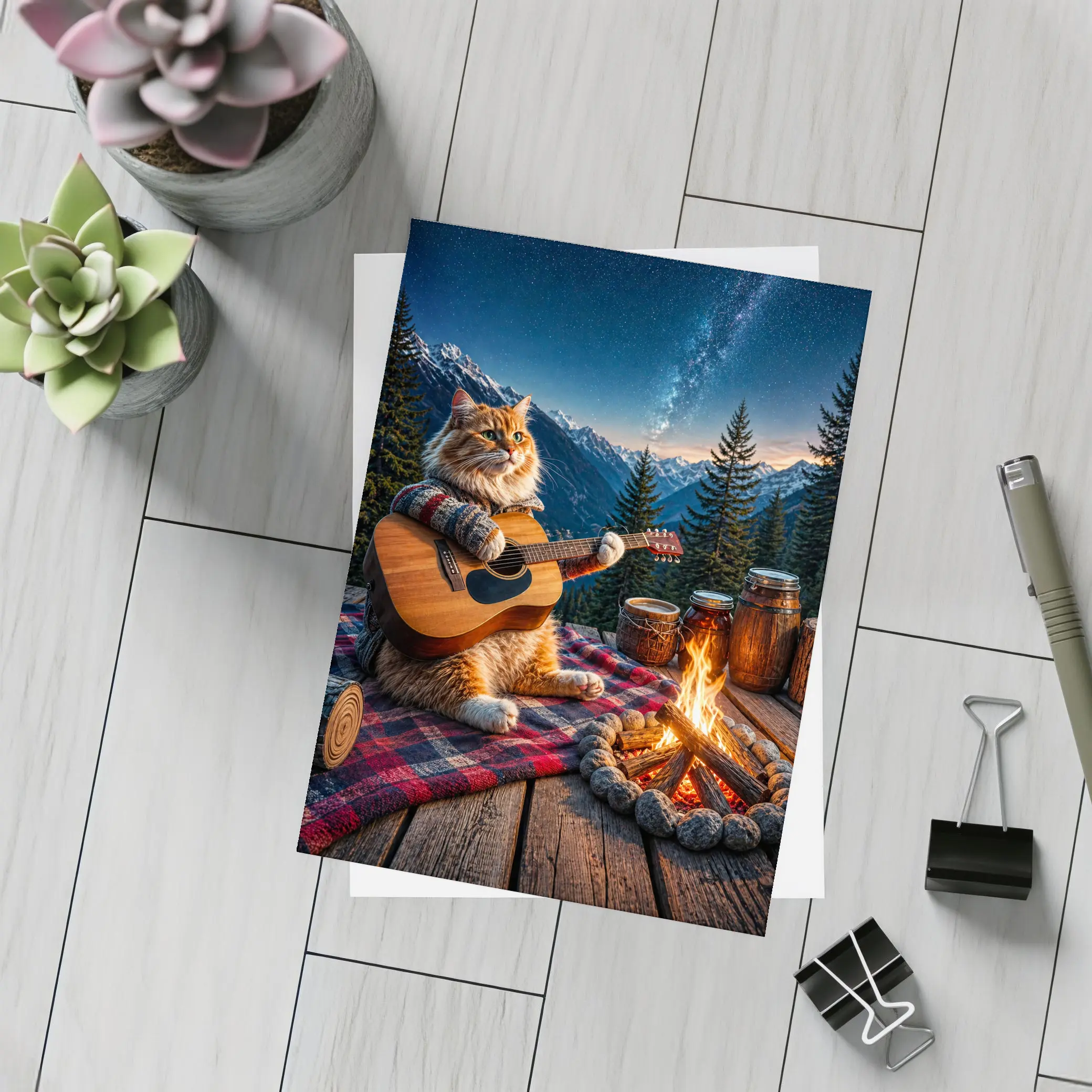 Cat Playing Guitar By Mountain Campfire – Postcards