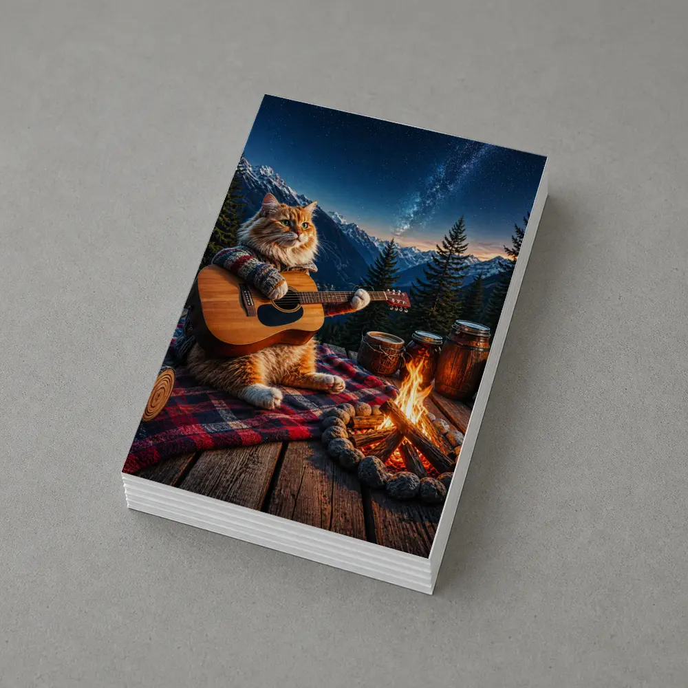 Cat Playing Guitar By Mountain Campfire – Postcards