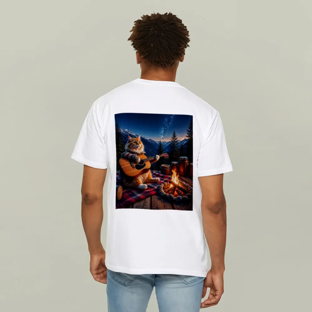 Cat Playing Guitar By Mountain Campfire – T-Shirts