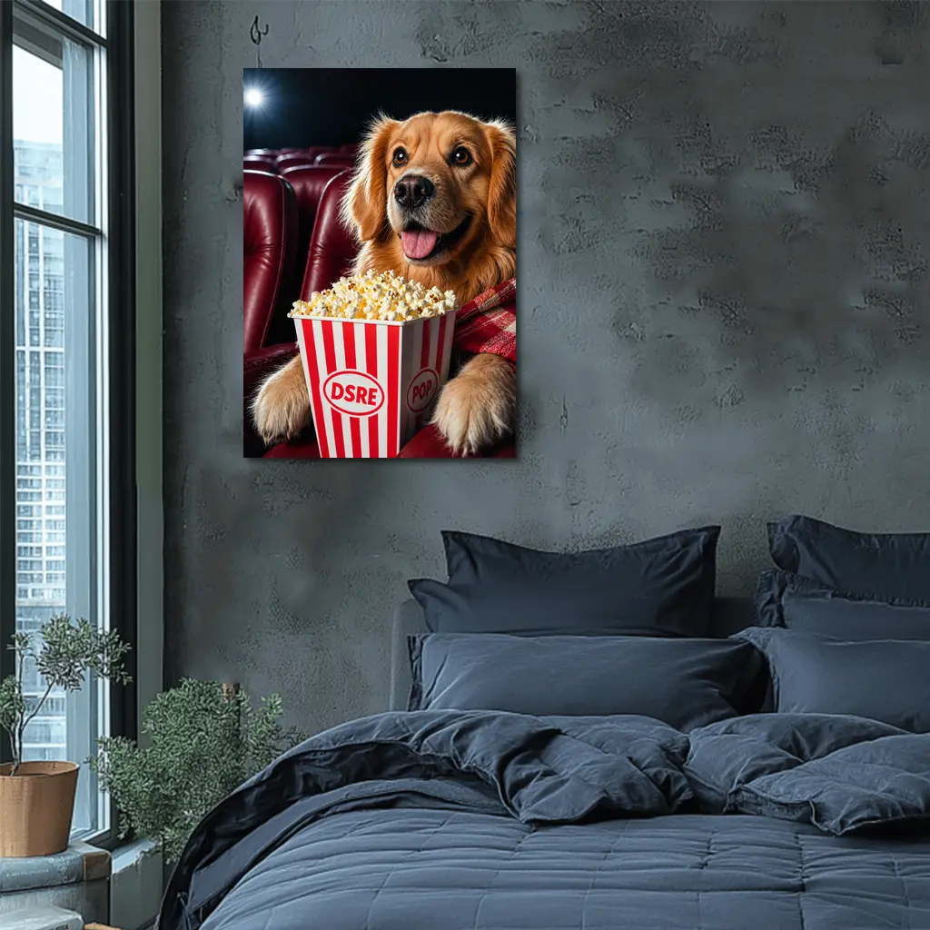 Golden Retriever Dog at Cinema with Popcorn – Wall Art