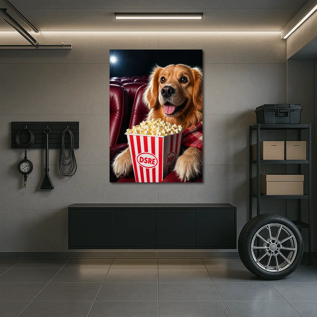 Golden Retriever Dog at Cinema with Popcorn – Wall Art