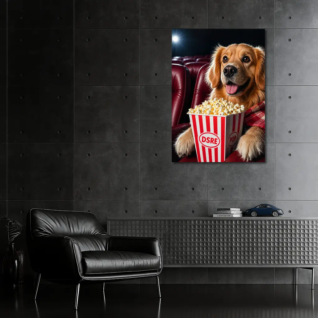 Golden Retriever Dog at Cinema with Popcorn – Wall Art