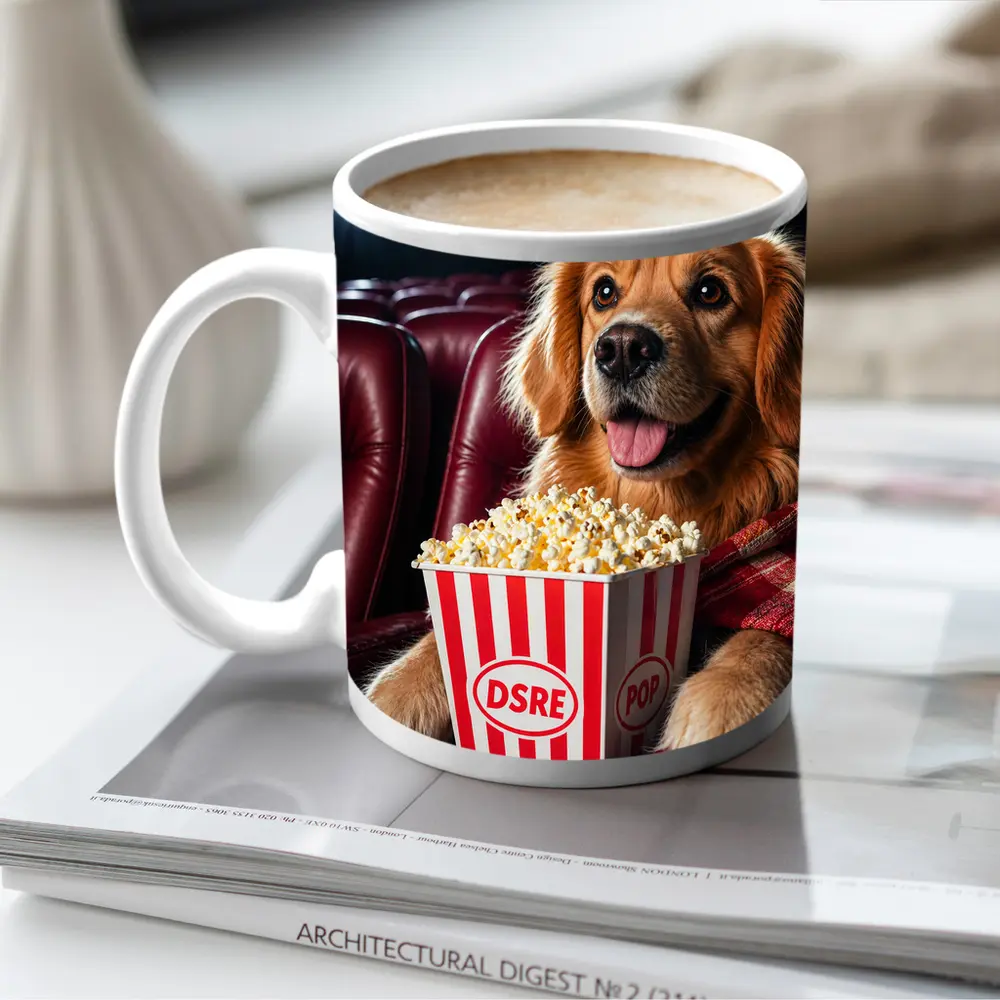Golden Retriever Dog at Cinema with Popcorn – Mugs