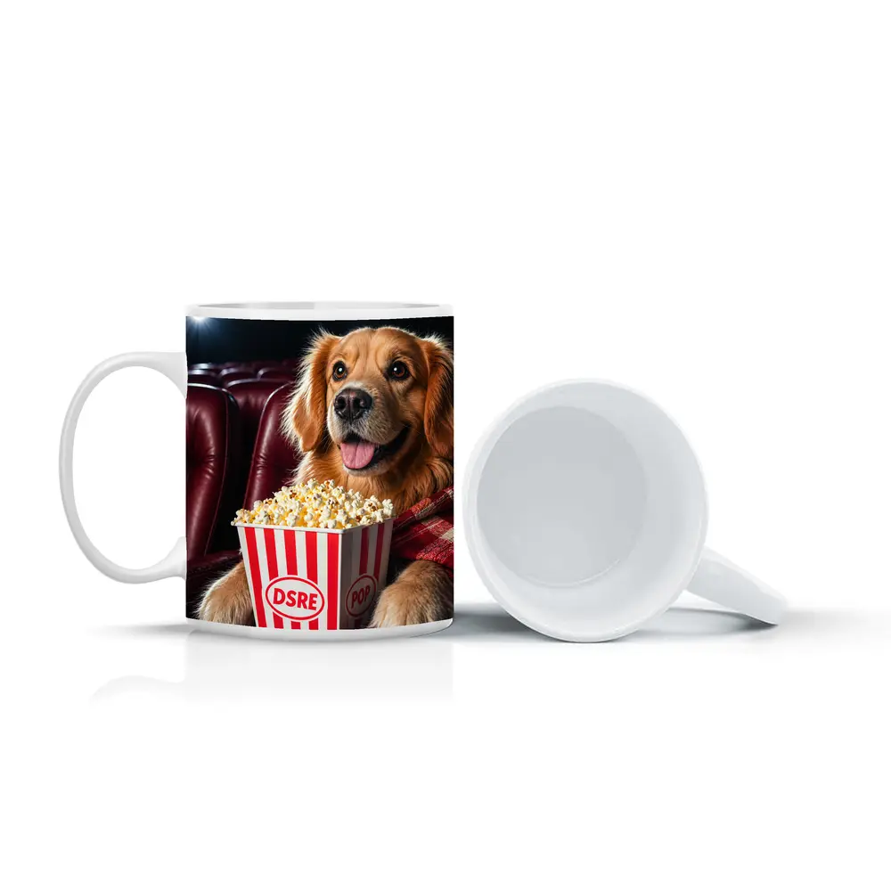Golden Retriever Dog at Cinema with Popcorn – Mugs