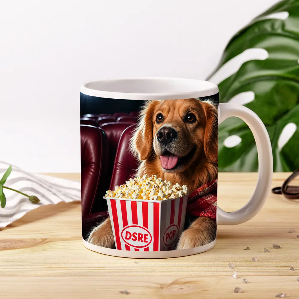 Golden Retriever Dog at Cinema with Popcorn – Mugs