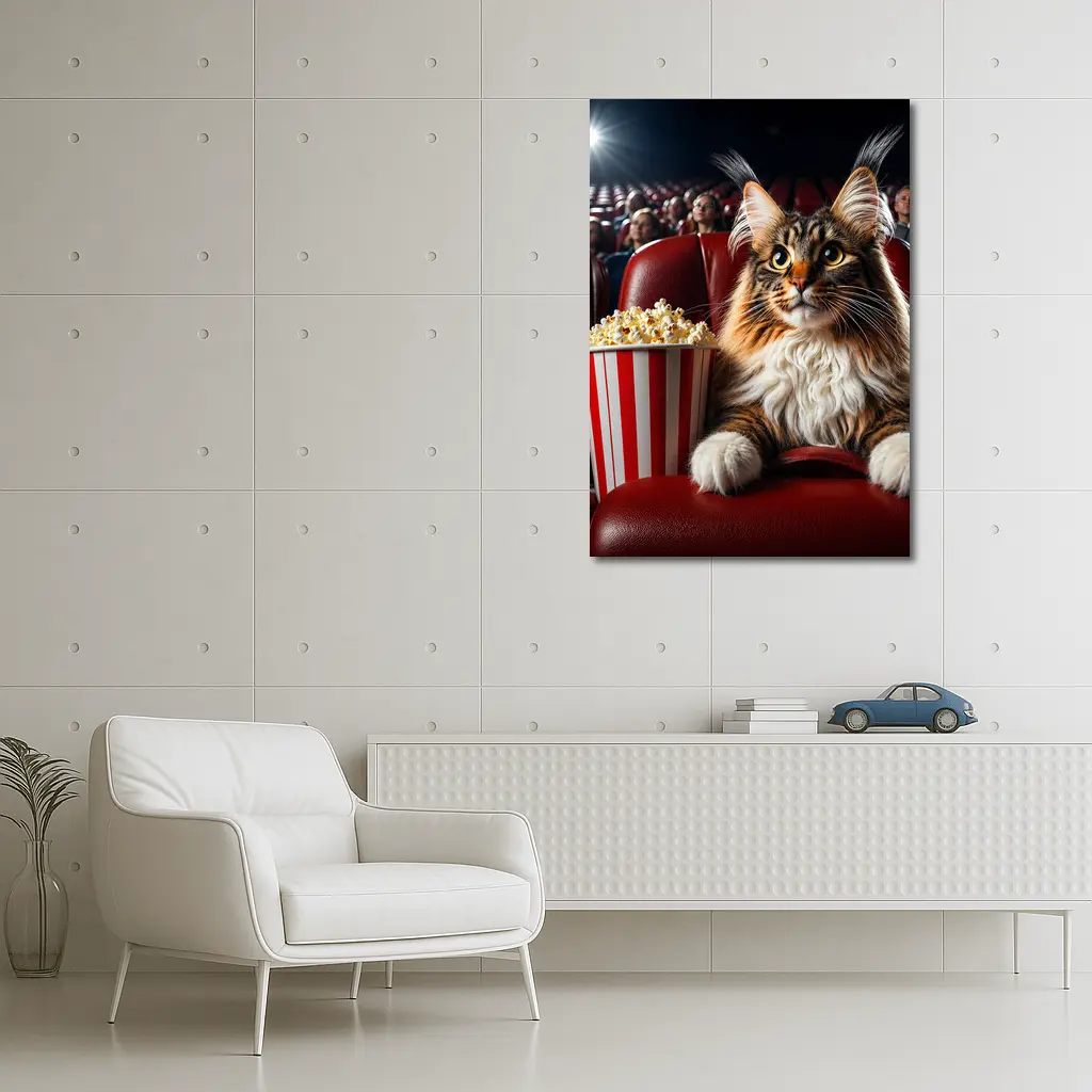 Maine Coon Cat At Cinema With Popcorn – Wall Art