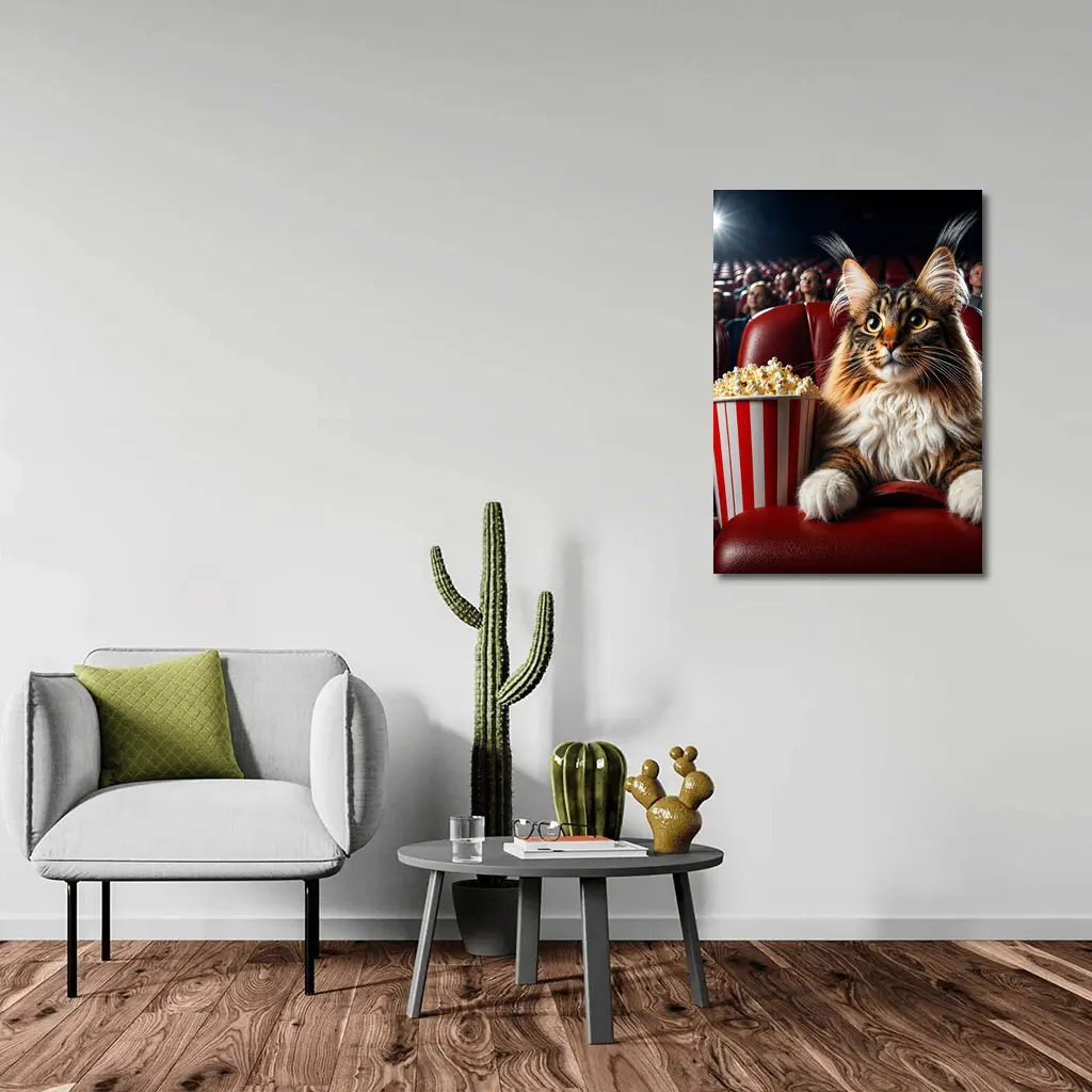 Maine Coon Cat At Cinema With Popcorn – Wall Art