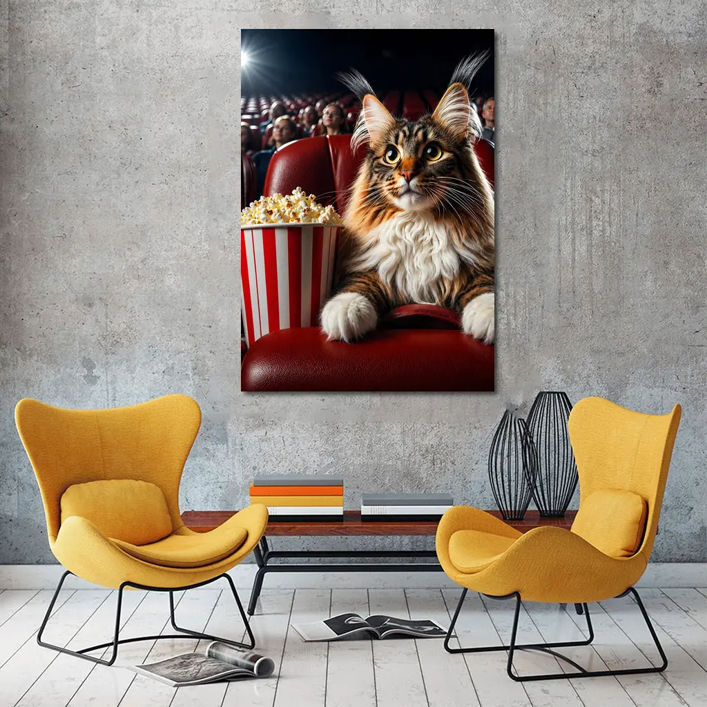 Maine Coon Cat At Cinema With Popcorn – Wall Art