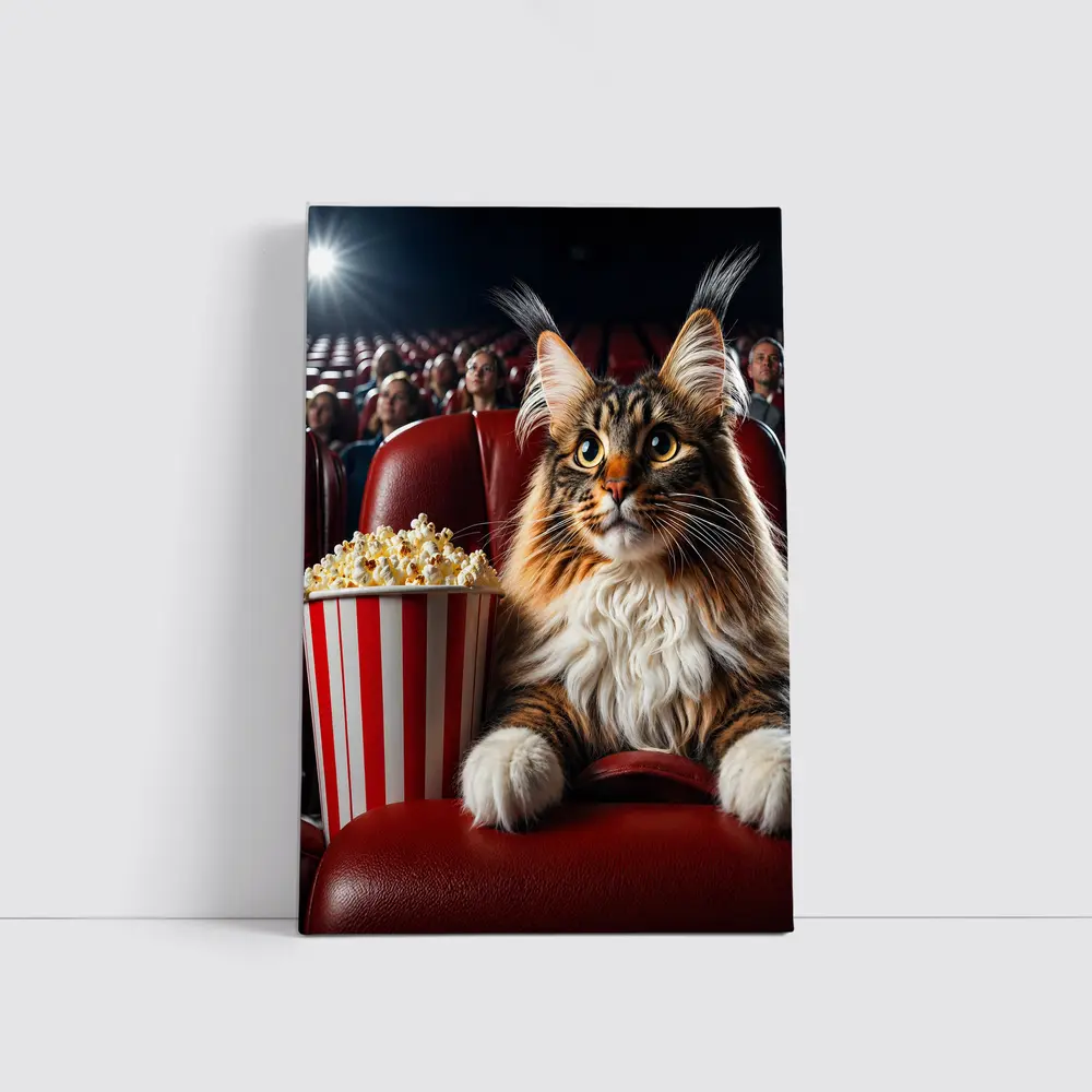 Maine Coon Cat At Cinema With Popcorn – Wall Art