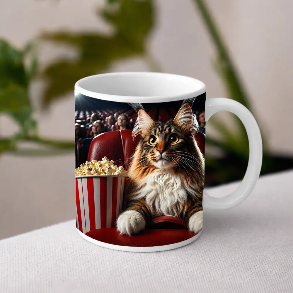 Maine Coon Cat At Cinema With Popcorn – Mugs