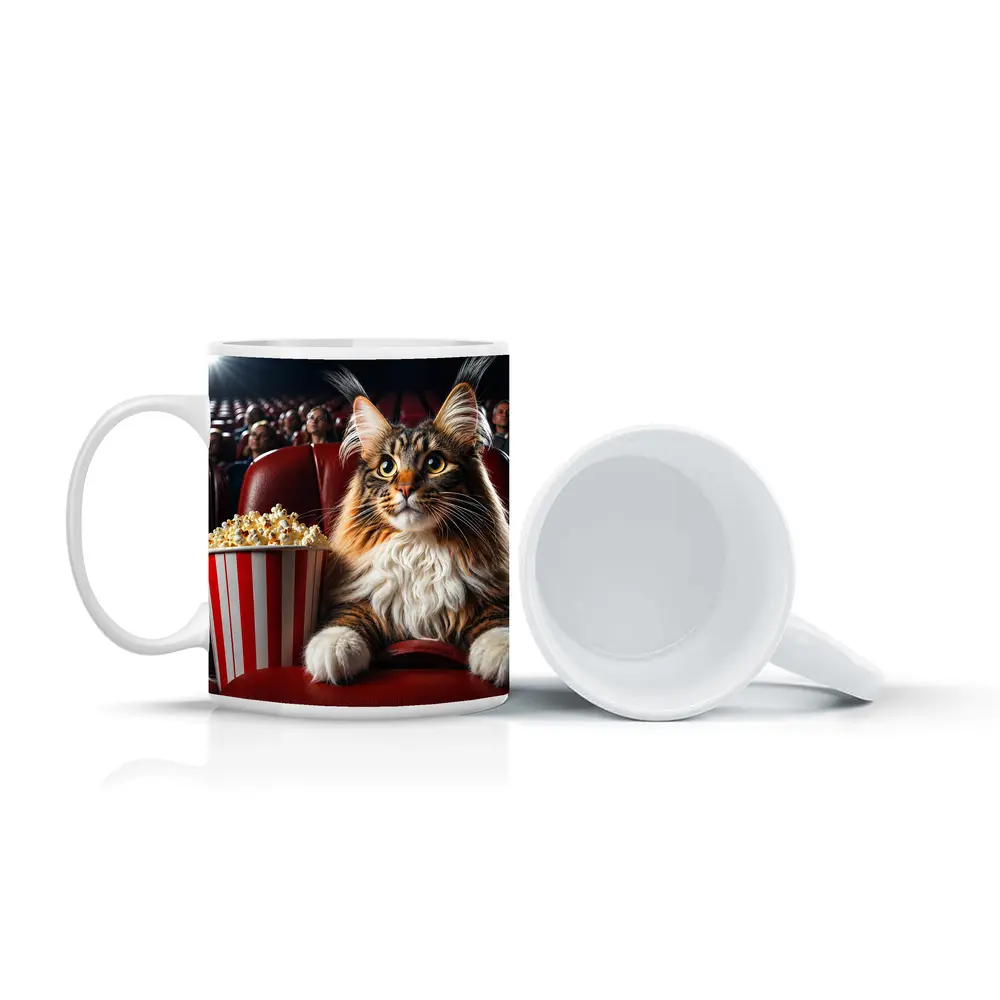 Maine Coon Cat At Cinema With Popcorn – Mugs