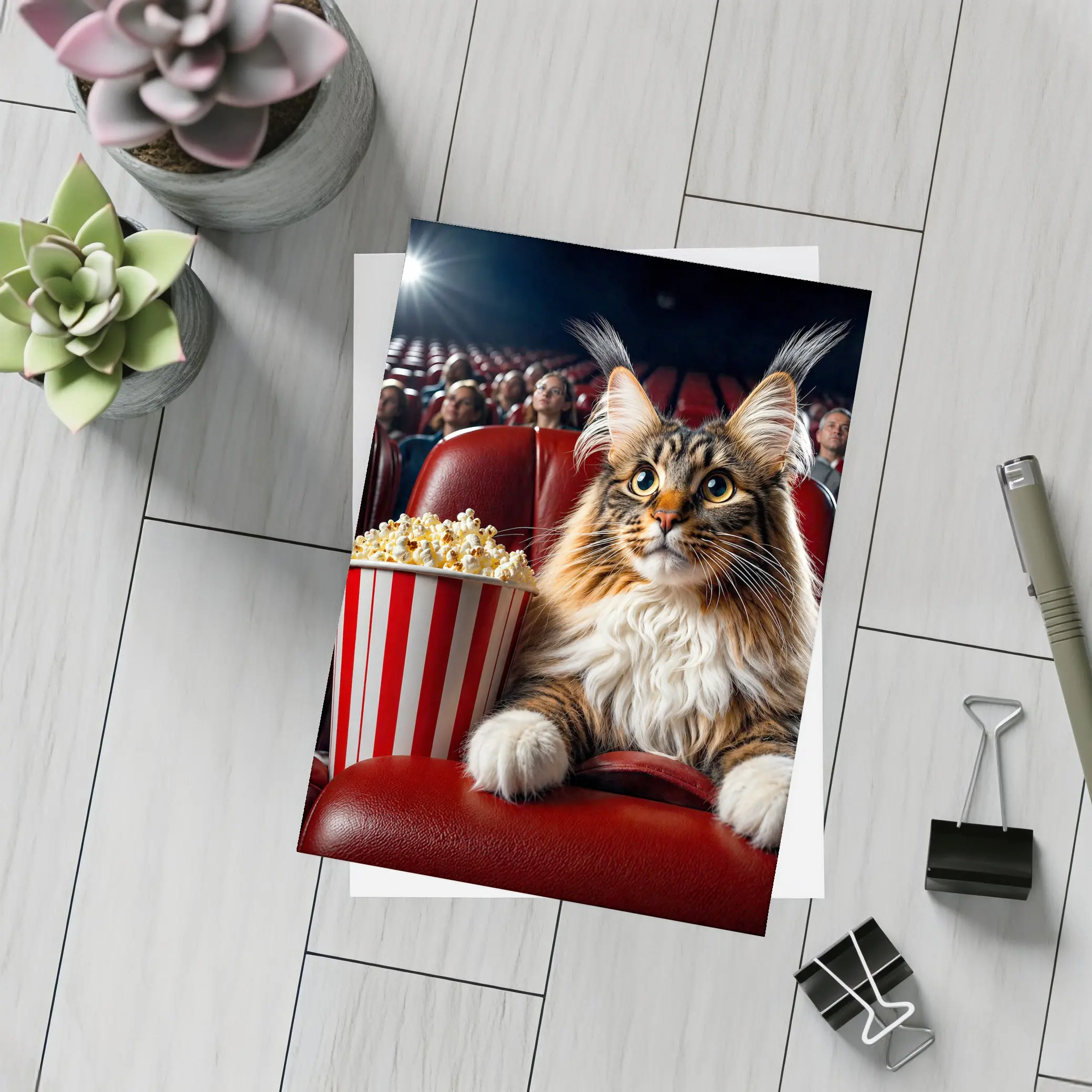 Maine Coon Cat At Cinema With Popcorn – Postcards