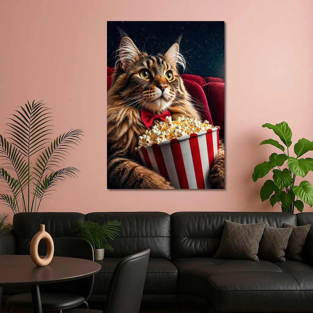 Maine Coon Cat Watching Movie With Popcorn – Wall Art