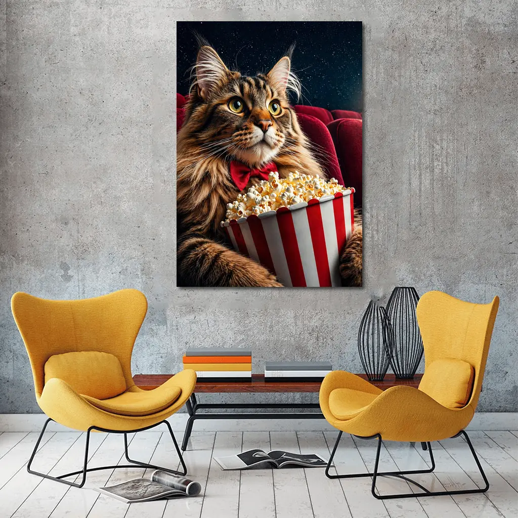 Maine Coon Cat Watching Movie With Popcorn – Wall Art