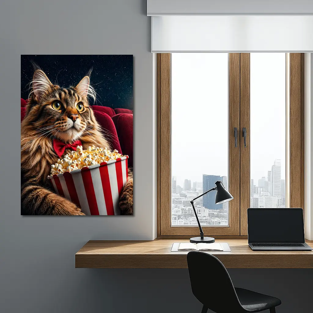 Maine Coon Cat Watching Movie With Popcorn – Wall Art