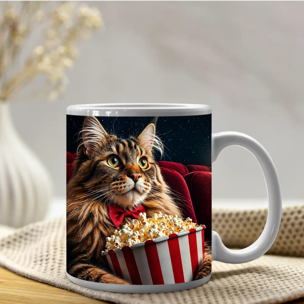 Maine Coon Cat Watching Movie With Popcorn – Mugs